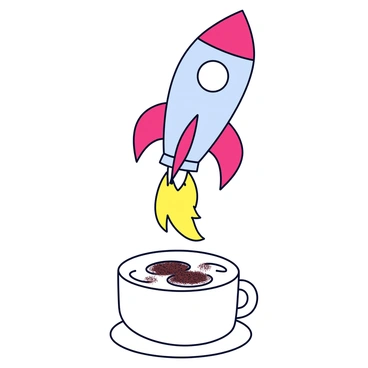 A sleek rocket design with a metallic silver body and bright red fins. The rocket is angled upward, with flames and smoke trailing behind it, indicating a powerful blast-off. Below the rocket, the surface of a latte is visible, with swirls of creamy froth and a sprinkle of cocoa powder on top. The latte is served in a white ceramic cup, and the background shows a simple table surface.