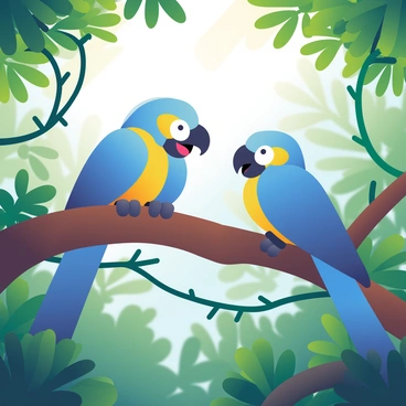 Two playful blue parrots are perched on a thick, gnarled branch in a lush green jungle. Their feathers are vibrant shades of blue, with hints of yellow around the eyes and on the tips of their wings. One parrot is leaning slightly forward, its beak open as if chirping, while the other is tilting its head playfully. Surrounding them are dense green leaves and vines, creating a rich backdrop of vegetation. Sunlight filters through the canopy above, casting dappled light on the parrots and the branch they occupy. In the background, blurred silhouettes of other plants and trees enhance the feeling of depth in this thriving jungle scene.