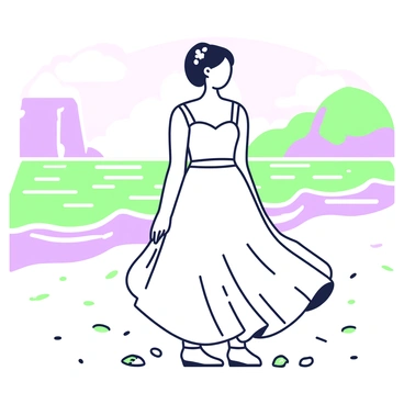 A bride is standing barefoot on a sandy beach. She is wearing a flowing white wedding dress that billows gently in the breeze. The dress has intricate lace details and delicate straps. Her hair is styled elegantly, adorned with small white flowers. The waves are gently lapping at the shore behind her, creating soft ripples in the water. In the background, there are hints of distant cliffs, and the sky is filled with soft clouds. The sandy beach has a few scattered seashells and small pieces of driftwood.