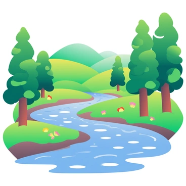 A winding river with sparkling water is flowing through a lush landscape. The riverbank is lined with bright green grass and colorful wildflowers. Tall, leafy trees with dense canopies surround the area, providing shade. In the distance, rolling hills are covered in vibrant foliage, creating a rich green backdrop. The sunlight reflects off the surface of the water, creating glimmers as it meanders through the tranquil scenery.
