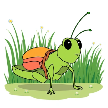 A vibrant green grasshopper with large, expressive eyes stands at the edge of a field. It is wearing a small, colorful backpack secured by tiny straps. The grasshopper looks determined, ready to embark on its adventure. Surrounding the grasshopper, the tall grass sways gently in the breeze, creating a lush, green landscape. Tiny flowers dot the grass, adding splashes of color. The sun casts playful shadows, highlighting the grasshopper's features and the details of its backpack. The scene captures the excitement of exploration and the joy of a new journey.