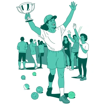 A teal petanque player with a broad smile is raising a shiny silver trophy high above their head in celebration. The player is wearing a white sports jersey and shorts, with a matching cap. Around the player, there are several colorful petanque balls scattered on the ground, reflecting the sunlight. In the background, there are cheering spectators clapping and waving their hands, creating a lively atmosphere as the player revels in their victory.