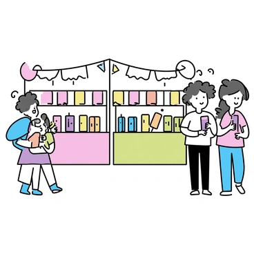 A busy festival scene filled with various colorful stalls. Each stall displays a variety of exotic popsicle flavors, including vibrant colors like green, pink, and purple. People walk around, some holding popsicles in their hands, savoring the unique flavors. A child with curly hair smiles while enjoying a bright orange popsicle. Nearby, a couple shares a laughter, each tasting a popsicle. The atmosphere is lively, with decorations like balloons and banners hanging overhead.