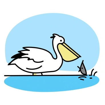 A pelican with white feathers and a long, curved bill is poised at the edge of the water. It is leaning forward, preparing to catch a fish with its large beak. The fish is splashing just below the water surface, creating ripples around it. The background features a calm lake with a clear blue sky above. The sunlight reflects off the water, enhancing the scene's clarity.