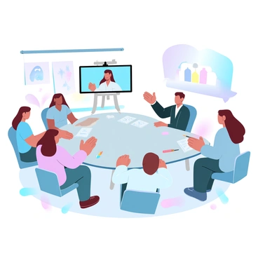 A group of students is gathered around a large table in a bright room, engaging in a video call with an instructor shown on a screen in front of them. Each student has an art project displayed on their own easels and tables, showcasing various techniques and styles. The instructor is gesturing toward the screen while providing feedback. Colorful art supplies are scattered around the table, and there are sketches and canvases leaning against the walls. A vibrant art piece hangs on the wall behind the students.