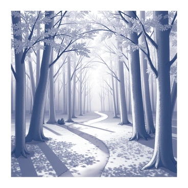 A dense forest filled with trees displaying a variety of leaf shapes. The trees have thick trunks and extend upwards, their branches stretching out. The ground is covered with a layer of fallen leaves, creating a textured carpet beneath the trees. Sunlight filters through the canopy, casting intricate shadows across the forest floor. A narrow path meanders through the trees, inviting exploration.