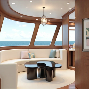 The interior of a luxurious yacht cabin featuring rich wooden paneling and sleek modern design. Plush cream-colored seating is arranged around a glossy dark wood coffee table, accented with decorative cushions. Large panoramic windows allow natural light to flood the space, offering a breathtaking view of the ocean. A stylish chandelier hangs from the ceiling, casting a warm glow. The cabin is adorned with elegant artwork and decorative elements, enhancing the overall ambiance of opulence and comfort.