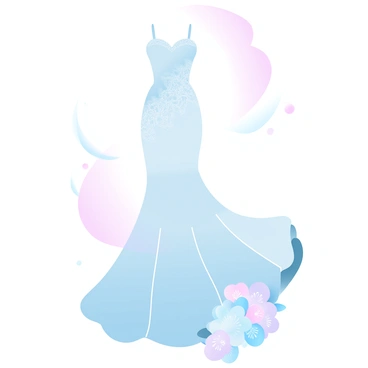 An elegant bridal gown is displayed prominently, featuring flowing fabrics that cascade gracefully downwards. The gown is adorned with intricate lace patterns, weaving delicate designs throughout. The bodice is fitted, accentuating the silhouette, while the skirt flows out in layers. Surrounding the gown are soft pastel colors that blend harmoniously, enhancing the elegance of the attire. A decorative floral element is placed near the base of the gown, adding a touch of charm.