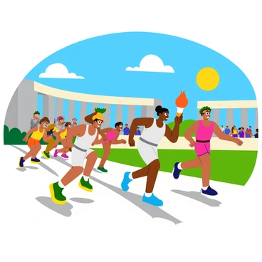 A scene depicting an ancient Greek relay race featuring athletes dressed in traditional attire. The runners are wearing simple tunics, with some adorned with laurel wreaths on their heads. One athlete is in the process of passing a vibrant orange torch to a teammate, who is reaching out eagerly to receive it. The background showcases a classic Greek arena, with stone columns and cheering spectators in the stands. The sun is shining brightly in a clear blue sky, casting distinct shadows on the ground. The energy of the race is palpable, showcasing determination and teamwork.