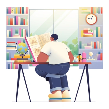 A designer with short black hair is seated at a large wooden table covered in historical books and artifacts. The designer is wearing a white shirt and dark jeans, focused on a large, open book displaying intricate illustrations. Surrounding the designer are various artifacts, including a vintage globe, ancient scrolls tied with twine, and decorative pottery. A warm light is illuminating the workspace, casting soft shadows on the table, while a window in the background reveals a view of a lush garden outside. The walls are lined with tall bookshelves filled with more historical books and an ornate clock ticking softly in the corner.