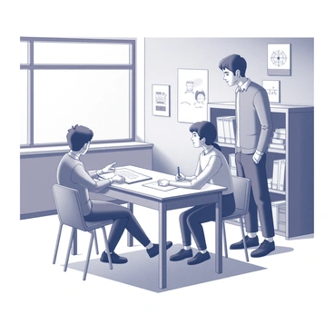 A classroom setting featuring a student and a teacher engaged in a tutoring session. The student is seated at a wooden desk, looking attentively at a notebook filled with notes. The teacher stands next to the desk, pointing to a diagram on the page with a focused expression. Shelves in the background are lined with books and supplies. A large window allows light to stream in, casting shadows on the floor. Educational posters are mounted on the walls, depicting various subjects, enhancing the learning atmosphere.