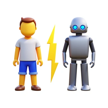 A human figure standing on the left, with short hair and wearing casual clothing. A robot on the right, designed with a sleek metallic surface and glowing blue eyes. A bright, jagged "lightning bolt" shape positioned centrally between them, symbolizing "bias conflict." The background features a subtle gradient to enhance the focus on the human and robot.