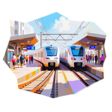 A railway hub features numerous tracks converging in a dynamic pattern, creating a sense of motion and activity. Several trains are positioned at different platforms, ready to depart; one train is a sleek, modern passenger train with a shiny exterior. Surrounding the trains are various structures, including station buildings with large windows and a digital departure board displaying upcoming train schedules. The scene captures the energy of commuters bustling about, with some individuals carrying luggage and others checking their tickets. The sky above is bright and clear, adding to the vividness of the scene.