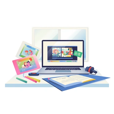 An artist's desk is covered with various video editing tools, including a laptop with a large screen displaying a timeline of video clips. There are colorful storyboard sketches scattered across the surface, showcasing vibrant illustrations and character designs. A pair of headphones rests next to the laptop, and a small external hard drive is plugged into it. Several markers in bright colors and a sketchbook are also on the desk, revealing the artist's creative process. In the background, a window allows soft light to illuminate the workspace.