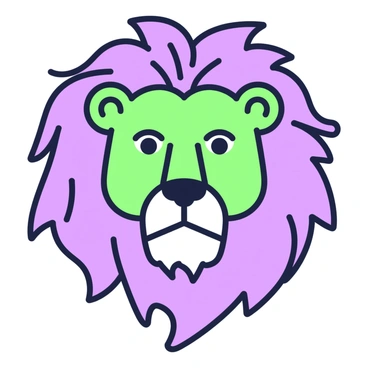 A creative illustration features a face that blends human and lion characteristics. The face has strong human features, with expressive eyes and a confident mouth, seamlessly merging into the majestic mane of a lion. The mane is full and voluminous, with flowing strands that frame the human-like features. The illustration captures the texture of the lion's fur, emphasizing the contrast between the smooth skin of the human and the coarse fur. The overall expression is regal, showcasing a harmonious blend of the two entities.
