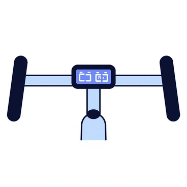 A set of modern bicycle handlebars with a streamlined design. The handlebars feature a smooth black finish and integrated grips that provide comfort for the rider. At the center of the handlebars is a digital display, which shows speed and distance metrics in a clear format. The display is illuminated in a soft blue light, making it easy to read. The handlebars are mounted on a lightweight, aerodynamic frame.