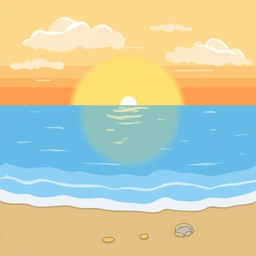 A wide view of a calm ocean with gentle waves, the surface shimmering as it reflects the colors of a golden sunrise. The sky is adorned with soft, swirling clouds that catch the warm hues of orange and yellow from the rising sun. The water appears slightly rippled, creating a delicate pattern of light as the sun rises above the horizon. In the foreground, a few scattered seashells dot the sandy shore, adding subtle detail to the tranquil scene.