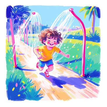 A child with curly brown hair is running through a line of sprinklers. The child is wearing a bright yellow t-shirt and blue shorts. Water droplets are sparkling in the sunlight, creating a shimmering effect around the child. The background features a green lawn and a clear blue sky. The child has a wide smile, expressing pure joy as they dash through the arcs of water.