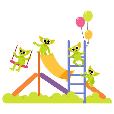 A group of gremlins playing together in a colorful playground.
