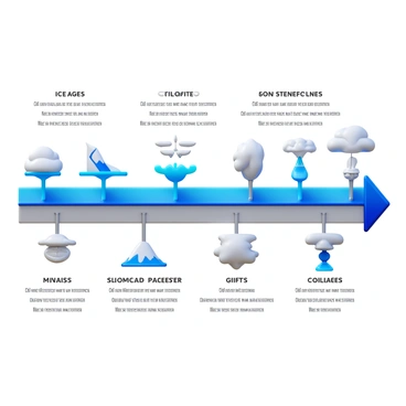 A timeline depicting historical climate changes featuring prominent key events. The timeline has labeled segments representing different eras of climate patterns, such as ice ages and warm periods. Each segment includes visual representations of significant climate events, such as glacial retreats, droughts, and flooding. Important impacts on ecosystems and human civilizations are illustrated, showing how climate changes affected agriculture, settlement patterns, and biodiversity. The timeline is arranged chronologically, with clear markers and symbols indicating the severity and type of climate change experienced in each period.