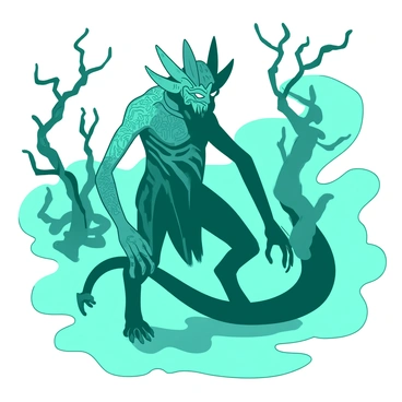 A teal mythical creature with elongated limbs and sharp features stands in a dense mist. Its skin is covered with intricate patterns resembling ancient runes. The creature's piercing eyes glow a vivid white, cutting through the shadows that cling to its form. Surrounding the creature are swirling tendrils of mist that obscure parts of its body, creating an air of mystery. In the background, faint silhouettes of twisted trees loom, their skeletal branches reaching out like claws towards the creature. The atmosphere is charged with an otherworldly presence, as the shadows dance around the figure.