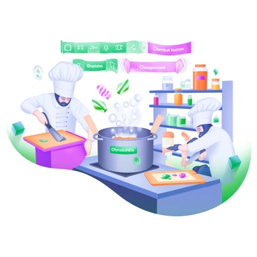 A modern pastel illustration depicting a bustling kitchen filled with chefs in white uniforms. Each chef is engaged in different cooking tasks, using various kitchen tools that metaphorically represent enzymes. One chef is stirring a large pot labeled "Chemical Reactions," while another is chopping ingredients on a cutting board labeled "Substrates." Nearby, a chef is measuring out colorful spices, symbolizing factors that influence reaction rates. Bubbles rise from the pot, illustrated as small, colorful atoms. The kitchen is vibrant, with shelves filled with jars labeled with different chemical compounds. Above the scene, a banner reads "Enzymatic Reactions in Action" in playful, bold letters.