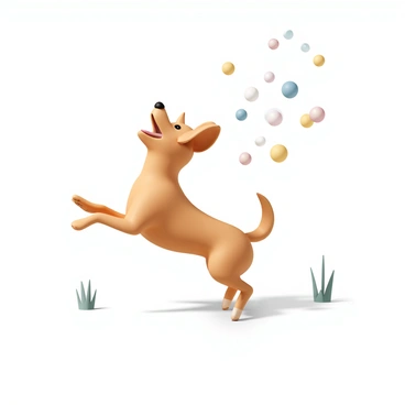A dackel, with a shiny tan coat and long ears, is joyfully chasing floating bubbles in the air. The bubbles are shimmering with a rainbow of colors as they drift upward. The dackel is leaping with excitement, its front paws off the ground and tail wagging energetically. Sunlight is illuminating the scene, casting soft highlights on the dog's fur and the bubbles. There are a few blades of grass in the foreground, adding to the playful outdoor atmosphere.