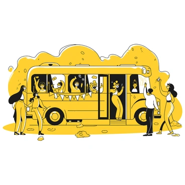 A bus with open doors is parked, while a group of festival attendees in yellow and black costumes are boarding. Some attendees wear large hats and masks, while others have painted faces. The ground is scattered with confetti and decorations. The bus is surrounded by trees, and a festive banner is hanging from the front of the bus. Several attendees are laughing and taking pictures as they prepare to get on the bus.