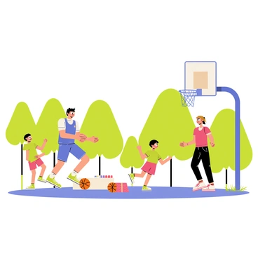 A family of four is playing basketball at a local park. The father, wearing a blue jersey, is dribbling the ball while the mother, dressed in a red tank top, is standing near the hoop, ready to catch a pass. Two children, a boy and a girl, are actively running around the court; the boy is wearing a green t-shirt and the girl is in a pink dress. In the background, there are green trees and a bright blue sky, providing a cheerful atmosphere as they enjoy each other's company. A basketball sits on the ground, while a small picnic blanket is set aside with snacks and drinks.