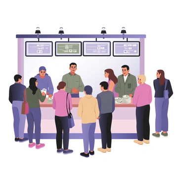 A digital flat illustration of a busy currency exchange booth. The booth is filled with people standing in line, each carrying various currencies. There are multiple digital screens mounted above the booth, displaying live foreign exchange rates in bright blue and green text. The booth has a transparent glass front with a friendly clerk visible inside, assisting customers. On the counter, there are stacks of different currencies arranged neatly. Spotlights illuminate the booth, highlighting the hustle and bustle of the scene.