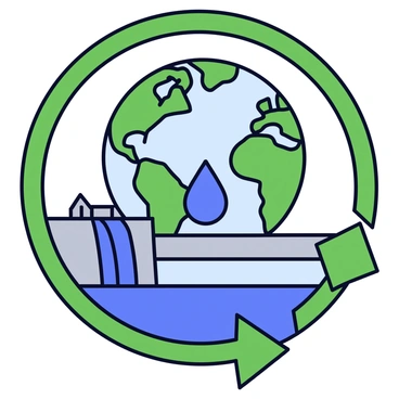 An eco-friendly badge shaped like a circular emblem. In the center of the badge is a detailed illustration of a globe, featuring continents and oceans in green and blue colors. There is a bright blue water droplet positioned just below the globe, symbolizing water conservation. To the side of the globe is a small dam, depicted in gray with a flowing waterfall cascading down. The badge has a green border that signifies environmental awareness.