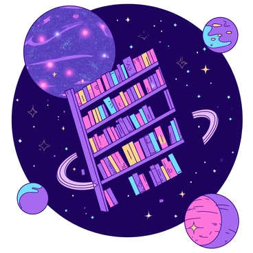 A cosmic library is floating in the depths of space. The library features shelves made of swirling galaxies, each shelf filled with books glowing in various colors. Surrounding the library are vibrant planets of different sizes, some with rings, and twinkling stars scattered throughout the dark expanse. The vastness of space creates a breathtaking backdrop for this extraordinary scene.