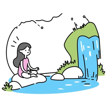 A detailed image of a grotto, featuring an elf sitting in a meditative pose on a smooth rock. The elf has pointed ears, long flowing hair, and is dressed in simple, elegant clothing. Beside the elf, a crystalline waterfall cascades down from the rocks, creating splashes of water. The grotto is surrounded by lush greenery, including small plants and moss covering the rocks. Light filters through small openings in the grotto ceiling, casting gentle reflections on the water's surface.
