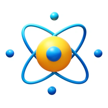 A close-up view of an "atomic nucleus" in a vibrant color, surrounded by orbiting "electrons" depicted as small spheres. The "electrons" are shown in motion around the nucleus, illustrating their orbits. The nucleus is detailed with shades of color to indicate protons and neutrons. The overall composition captures the dynamic nature of atomic structure.