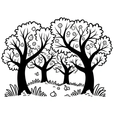 A grove of fig trees with thick trunks and broad branches stretching outwards. The leaves are large and densely packed, creating a canopy overhead. Sunlight filters through the leaves, casting intricate patterns of light and shadow on the ground below. The ground is covered with a mix of fallen leaves and grass, with some fig fruits hanging from the branches. A few birds are perched on the branches, adding life to the scene.