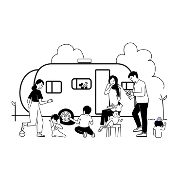 A family is gathered around a caravan, which is parked on a grassy area. The caravan has a rounded top and several windows. A mother is tending to a small garden filled with various plants and flowers, while a father is sitting on a small stool nearby, reading a book. Two children are playing with a ball on the grass, their laughter filling the air. The scene is framed by a few trees in the background, and a blue sky is visible above.