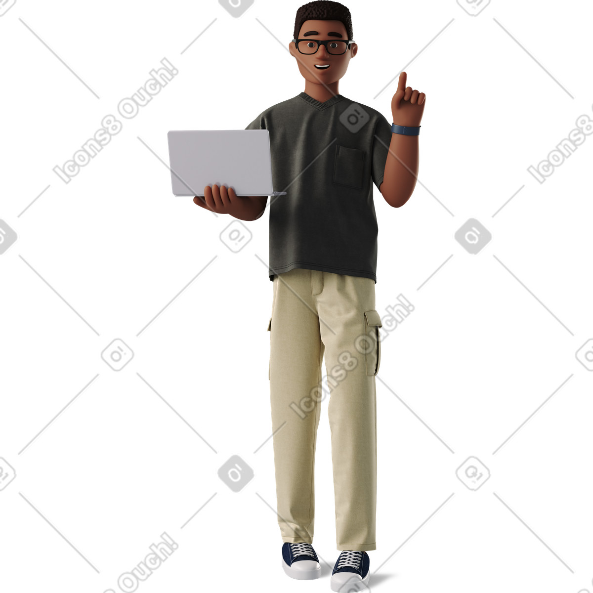 3D Business スタイルの Young man with laptop pointing up のイラストをPNG、SVG形式でダウンロード