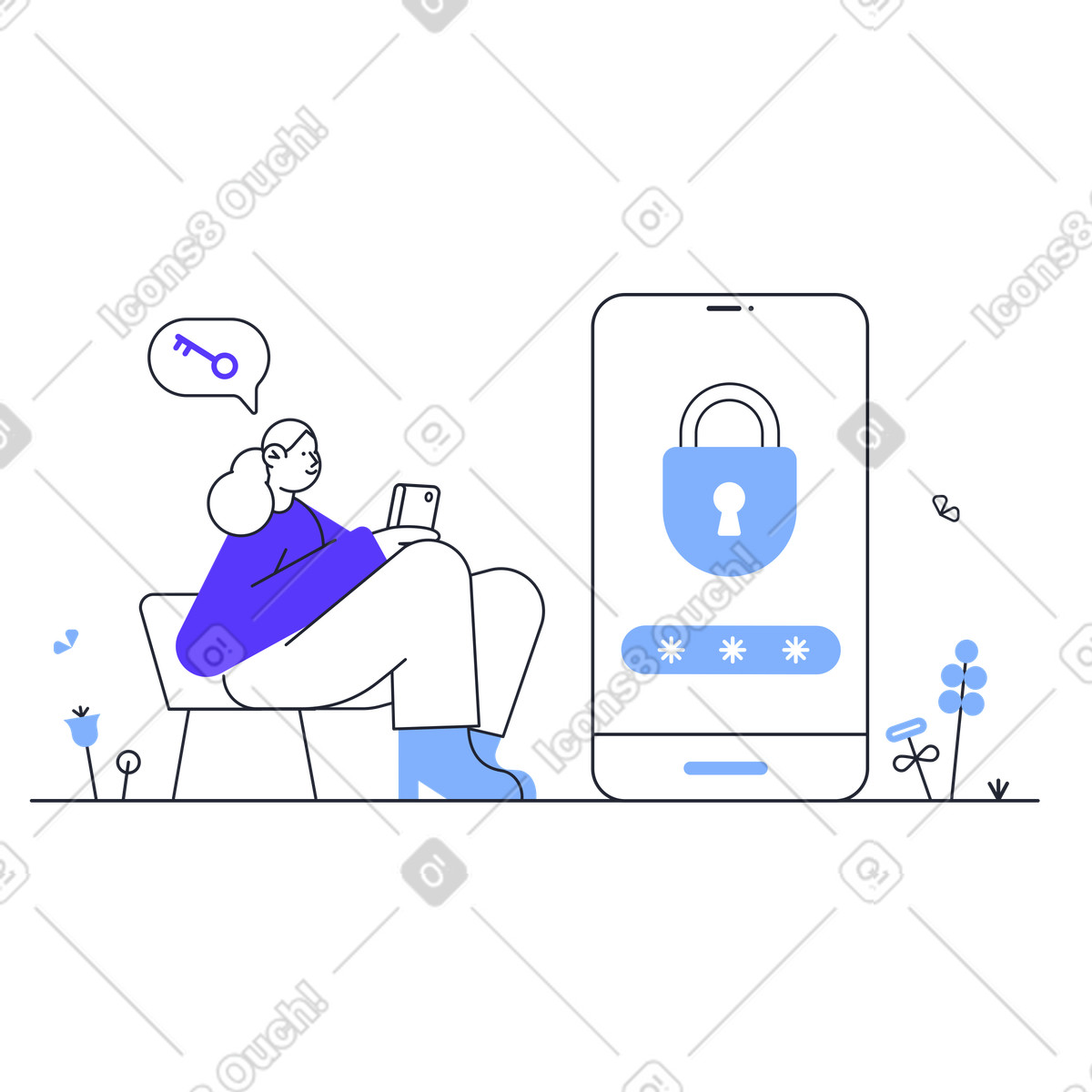 Girl tries to enter a password on her cell phone illustration in Pablita style download in PNG, SVG