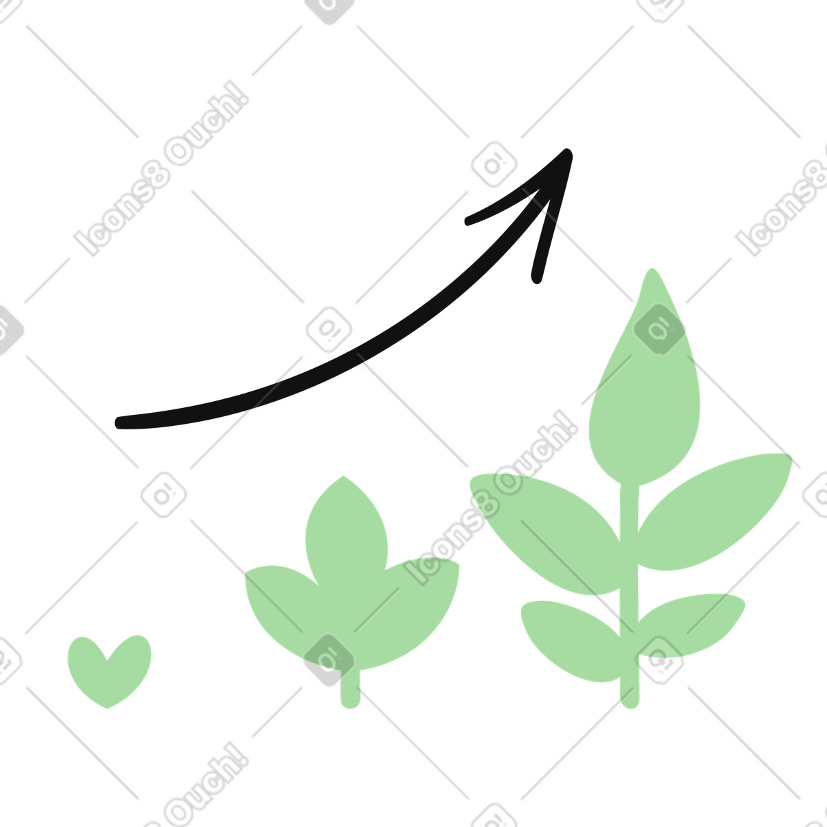 Illustration Growth arrow rising above three green plant sprouts symbolizing progress dans le style Organic à télécharger aux formats PNG, SVG