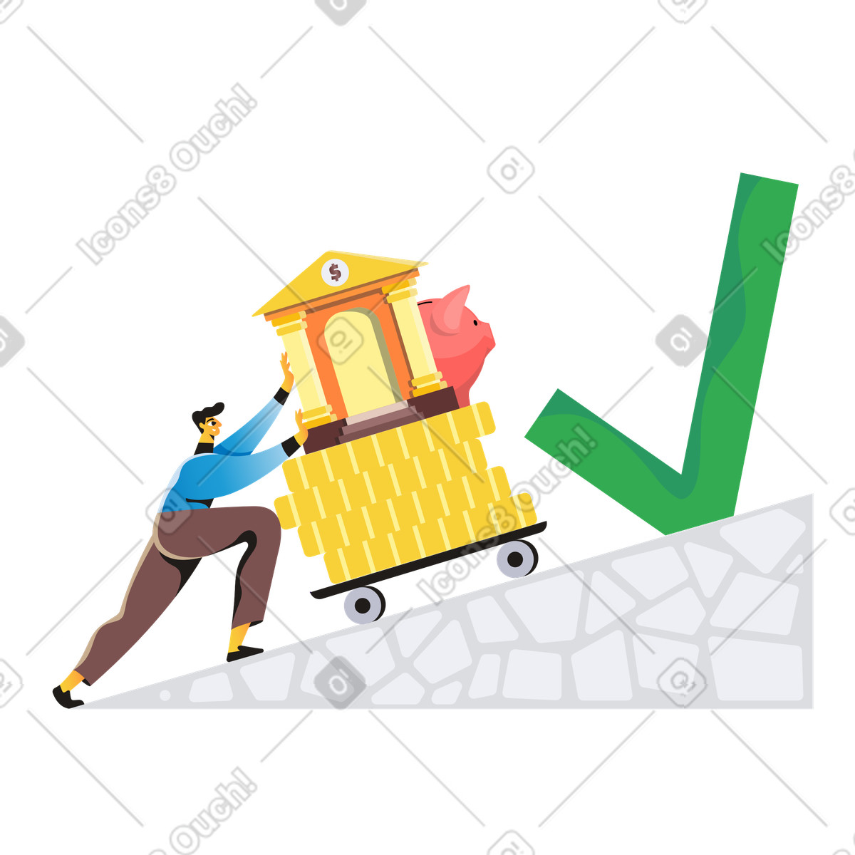 Иллюстрация Pushing coins, bank, and piggy bank uphill, Financial growth wealth accumulation в стиле Jaconda — скачать в форматах PNG, SVG