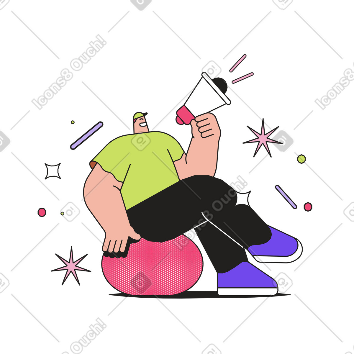 下载 Dazzle 风格的 Promoter shouting into megaphone, Marketing or promotion announcement 动画插图，支持 GIF、Lottie （JSON）、AE 格式