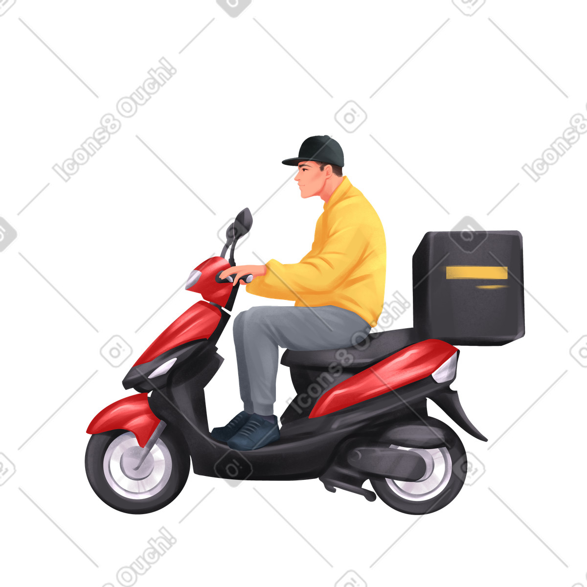 Young man delivering food on a scooter illustrazione in stile Demure scarica in PNG, SVG