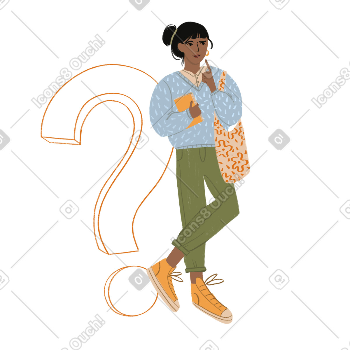 Woman thinking near question mark illustration in Lumiere style download in PNG, SVG