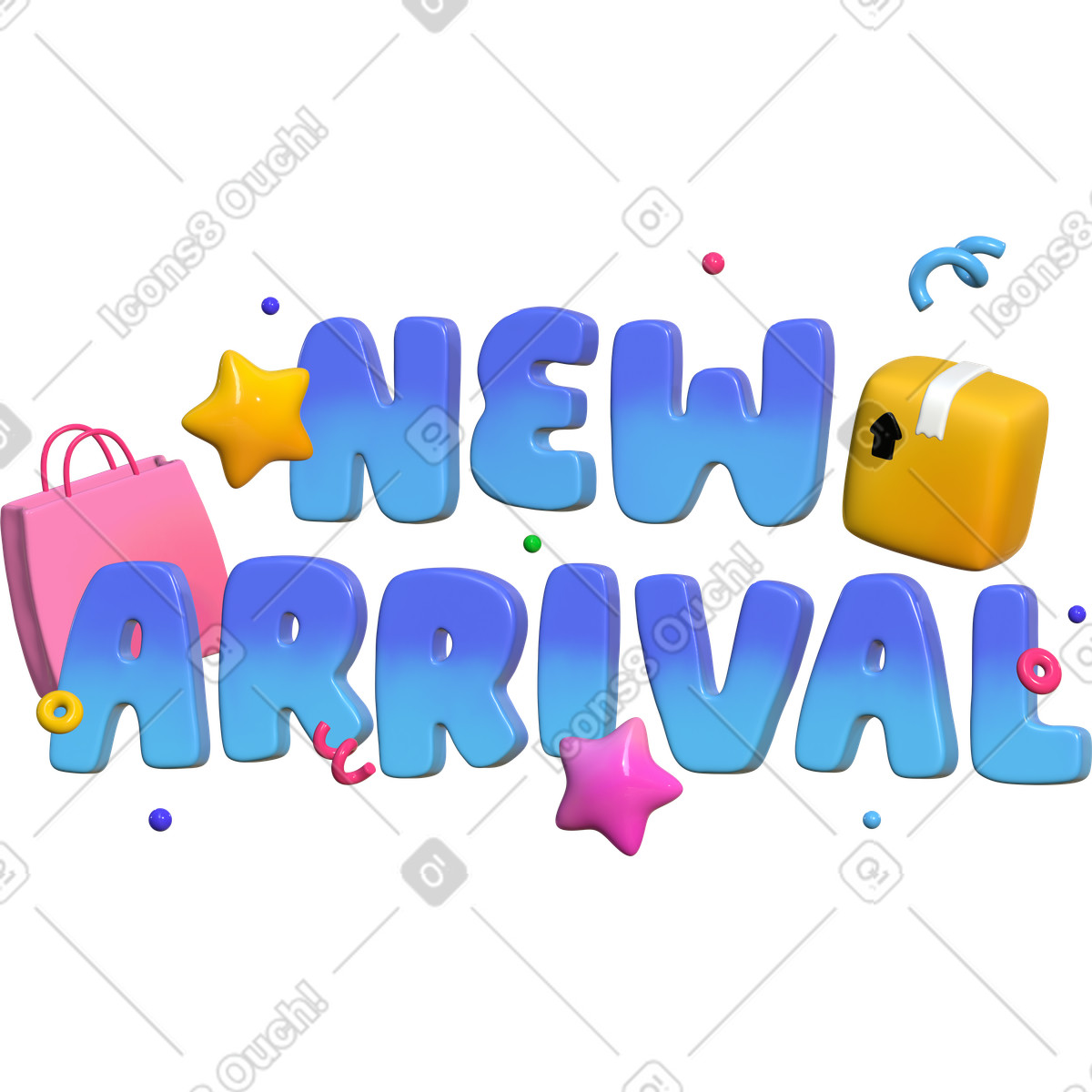 Ilustración Recién llegado de letras 3d con paquete y texto bolsa compras en estilo Lettering a descargar en PNG SVG