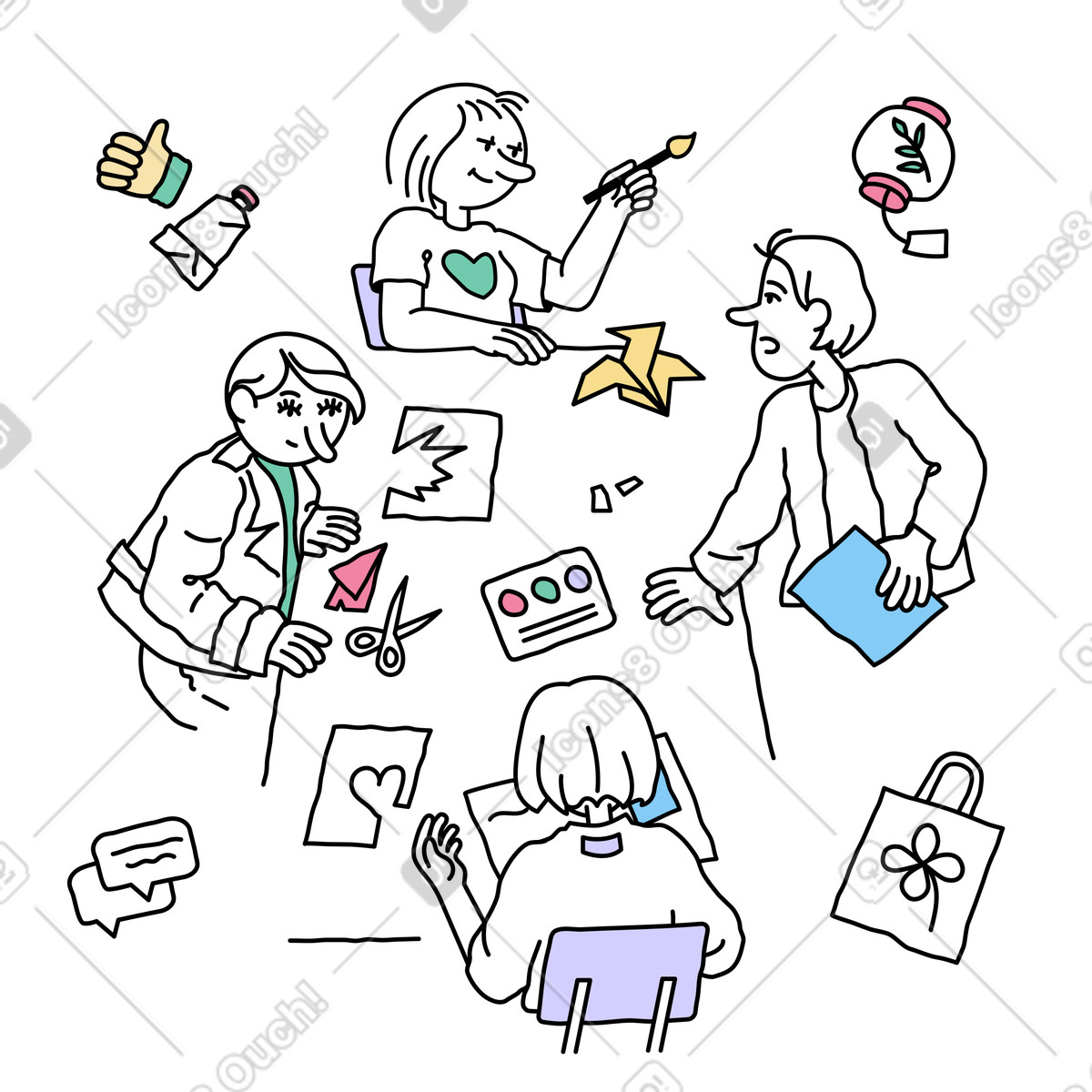 Group of people at a workshop illustration in Notes style download in PNG, SVG
