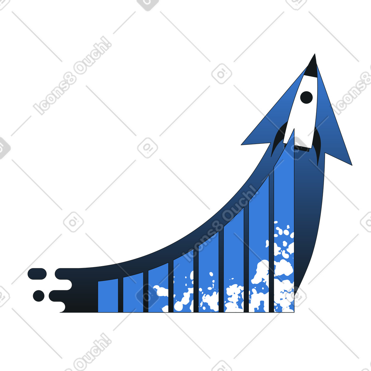Rocket launching over bar chart, business growth acceleration, startup success and rapid scaling illustration in Midnight style download in PNG, SVG