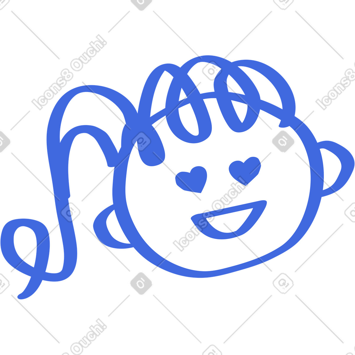 Face with heart eyes smiling expression and curly hair doodle-Illustration im Ballpoint Pen-Stil als Download in PNG, SVG