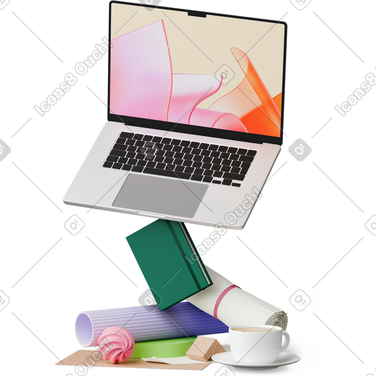 Vista frontale di laptop, notebook, tazza e forme astratte illustrazione in stile 3D Hygge scarica in PNG, SVG
