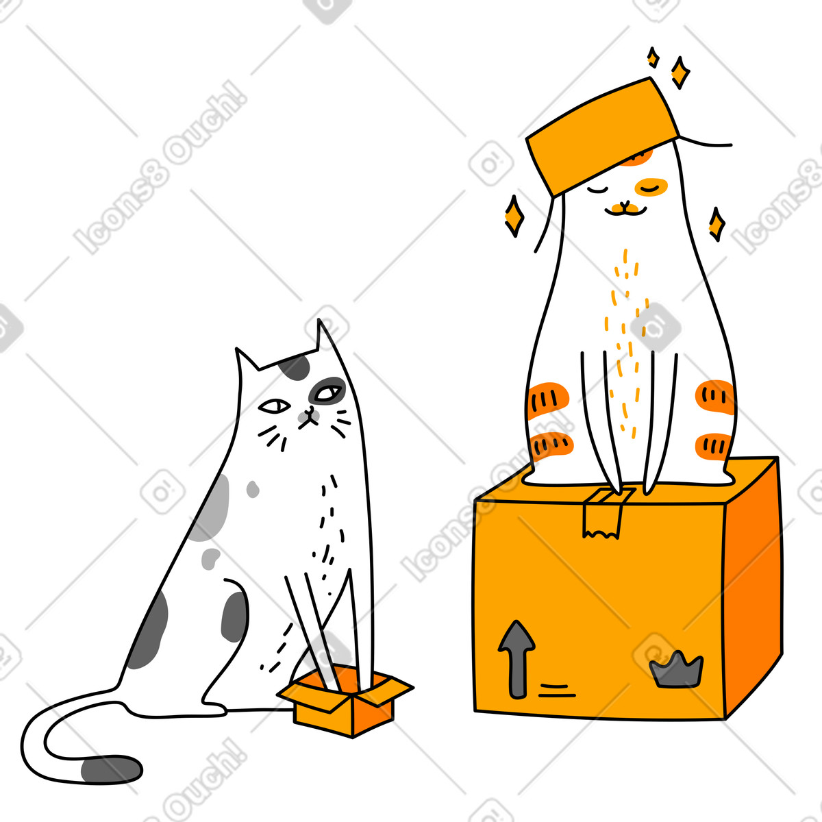 Ilustración Upset cat looking at another with cardboard box on its head, Premium vs basic account concept en estilo Purr a descargar en PNG y SVG