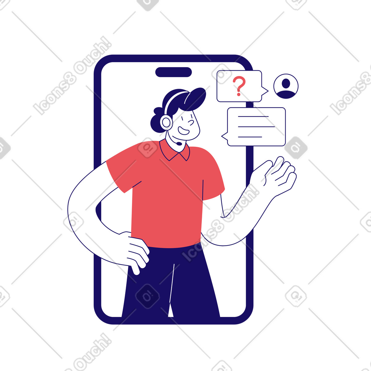 Customer service man answering question animated illustration in Bendy style download in GIF, Lottie (JSON), AE